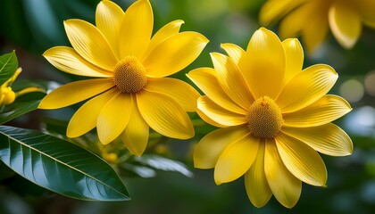 Fototapeta premium Close Up Of Yellow Flowers Isolated With Foliage Background