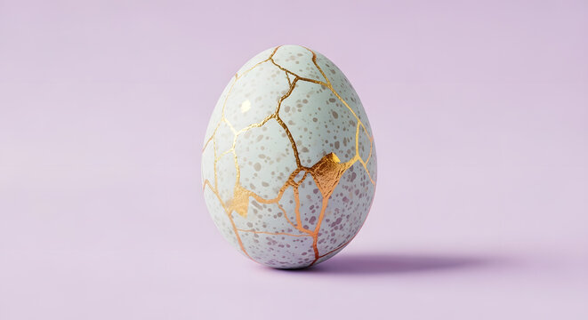 Cracked Easter egg with gold kintsugi repair on a soft pastel purple background