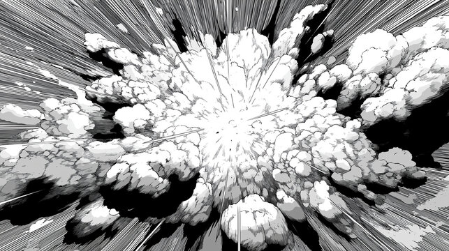 モノクロの爆発エフェクト 衝撃波と煙を描いた漫画風アクション背景