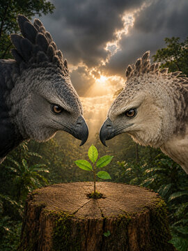 Two eagles confront each other over a sapling on forest stump