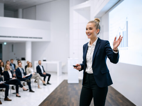 Confident businesswoman giving a presentation to an audience. Professional female speaker explaining a growth chart at a corporate seminar