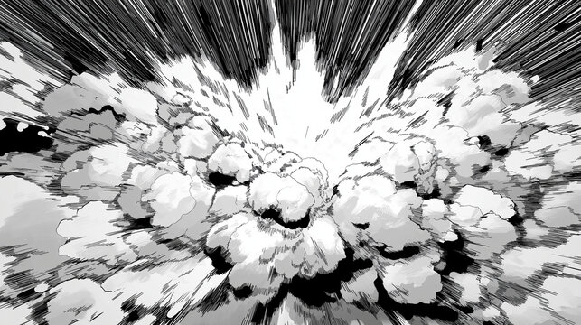 モノクロの爆発エフェクト 衝撃波と煙を描いた漫画風アクション背景