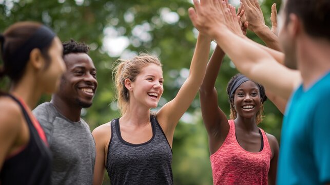 Diverse group of young athletic friends high fiving outdoors while wearing colorful summer sportswear clothes