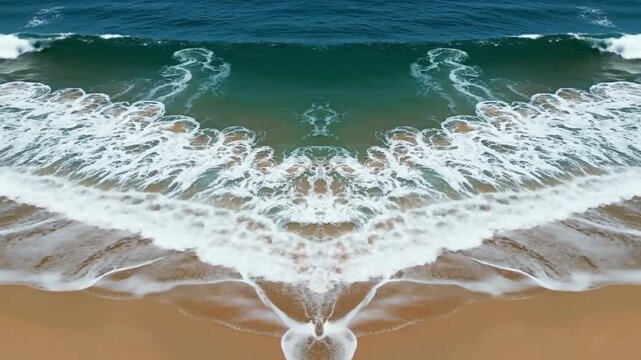 Symmetrical Ocean Waves: A visually striking, symmetrical composition of ocean waves rolling onto a sandy beach, creating an artistic and tranquil natural pattern.