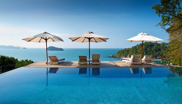 white umbrella and lounge chairs by the infinity pool looking over the island ocean view in thailand