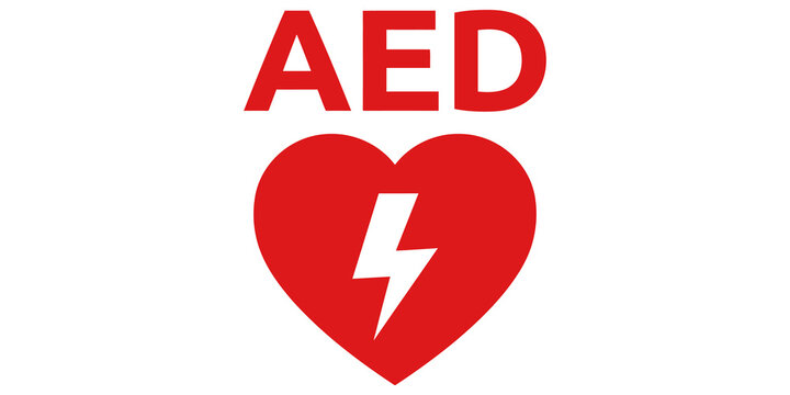 Red automated external defibrillator sign for medical and healthcare symbol.