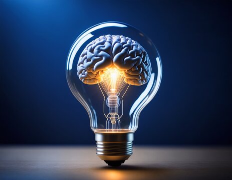 a light bulb with the glowing brain inside symbolizing creativity and innovation in business concept on dark blue background
