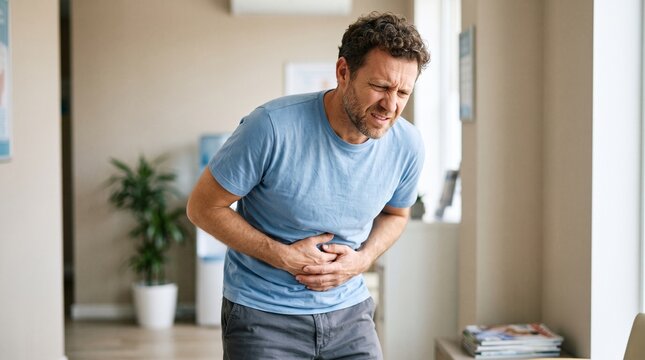 Middle-aged man suffering from acute abdominal pain and stomach ache while standing indoors