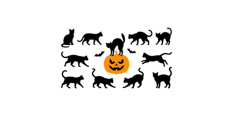 Fototapeta premium Black cat silhouettes collection with orange jack o lantern pumpkin for Halloween decoration.