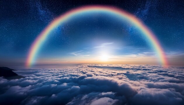 an ethereal moonbow arches over a sea of clouds illuminating the night with its luminous beauty and celestial allure