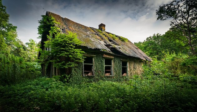 an abandoned and overgrown house with a deteriorating roof surrounded by lush greenery