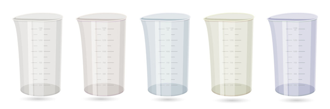Set of five transparent measuring cups on transparent background