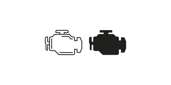Car engine icon set with outline and solid black silhouette design.
