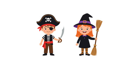 Cartoon pirate boy and witch girl wearing halloween costumes for holiday celebration.