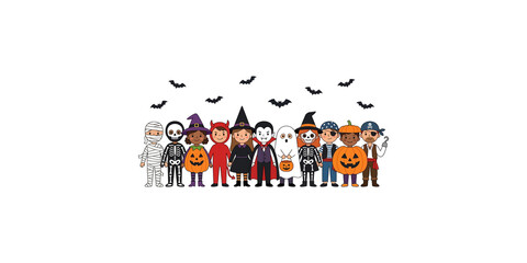 Fototapeta premium Group of diverse children in various halloween costumes with flying bats.