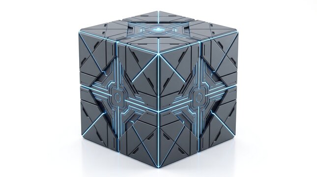 A futuristic dark metallic cube with glowing blue intricate patterns on a white background.