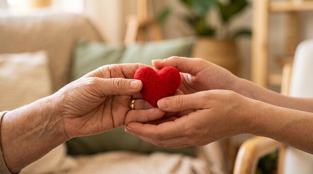 Two hands holding a red heart together in a gesture of care and support for the elderly and senior citizens