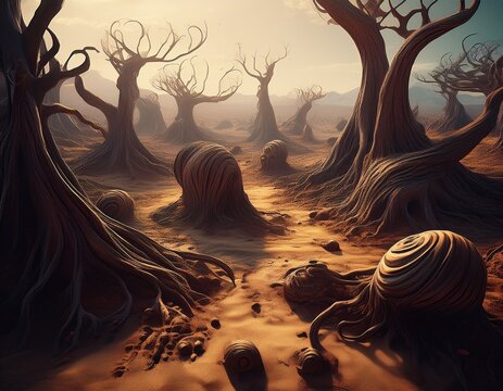 strange forms gather in a barren landscape with twisted trees and dark shapes