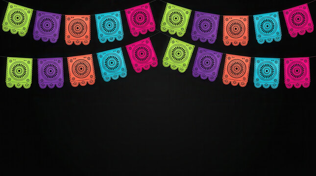 Festive Hispanic Heritage Month background with colorful papel picado banners, intricate decorative patterns and dark black copy space, creating a vibrant cultural celebration design
