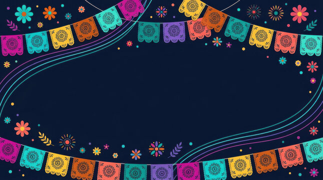 Colorful papel picado banner border with intricate folk art patterns and floral motifs surrounding elegant dark blue copy space for Hispanic Heritage Month celebration and cultural design projects
