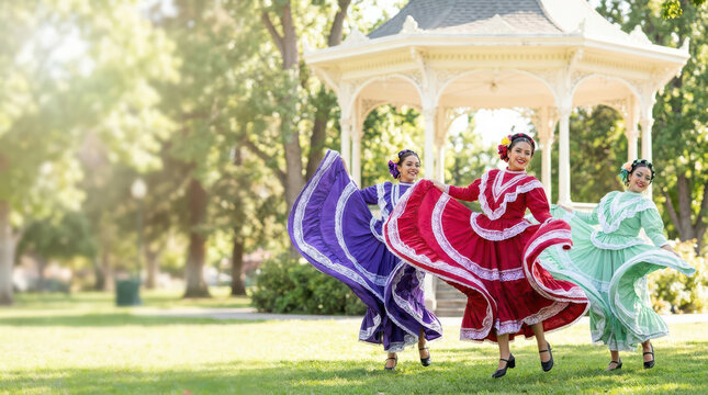 Hispanic Heritage Month celebration featuring Latina women performing traditional folk dance in vibrant colorful dresses at a sunlit park gazebo, expressing joyful cultural heritage, tradition and pri