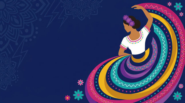 Hispanic Heritage Month cultural illustration featuring Latina folkloric dancer in colorful traditional dress with rainbow patterned skirt, celebrating Hispanic culture, heritage, dance and tradition
