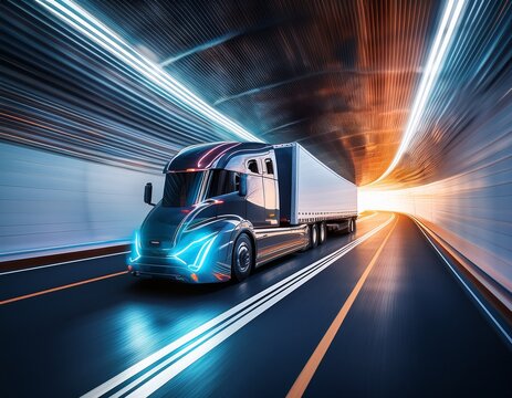 a futuristic truck speeds through a tunnel leaving dynamic light trails that emphasize motion and advanced technology in transportation