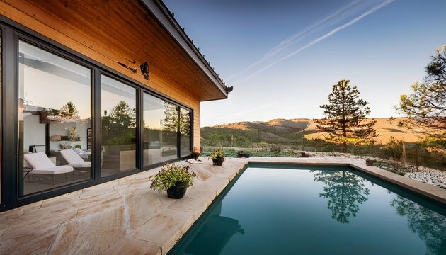 exterior of a rustic minimalist farmhouse with large windows that reflect the surrounding landscape the outdoor space includes pool stone patio and potted plants