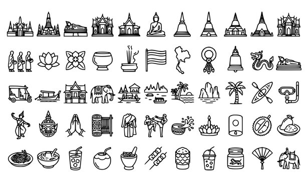Professional Thailand Landmark and Culture Outline Icon Set Editable Stroke Vector Illustration
