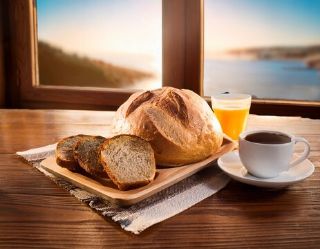 breakfast table with bread and coffee