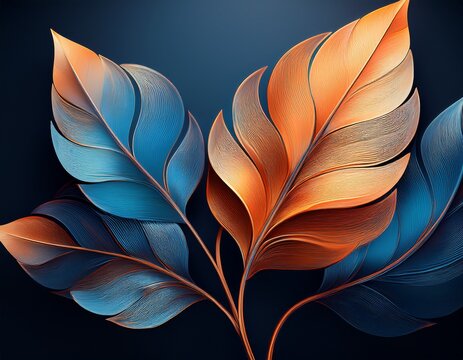leaves in blue and orange colors on a dark background with clear design