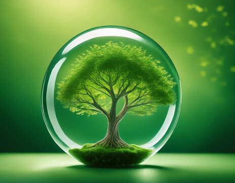 green future concept with a tree encased in a glass globe on a green background