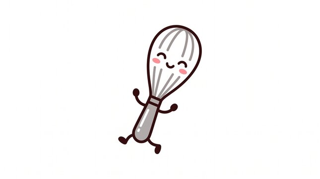 Happy cartoon kitchen whisk character with cute smiling face and blush cheeks depicted in a simple flat vector art style isolated on clean bright on white background
