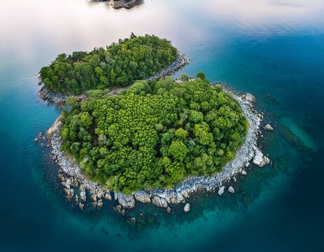 aerial view of a lush green earth surrounded by water and rocks with trees on the surface
