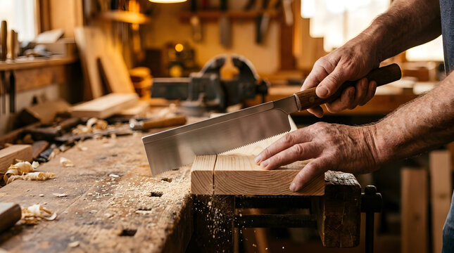 Woodworker using a Japanese Dozuki backsaw to make a precise crosscut on a pine board clamped to a rustic woodworking bench.