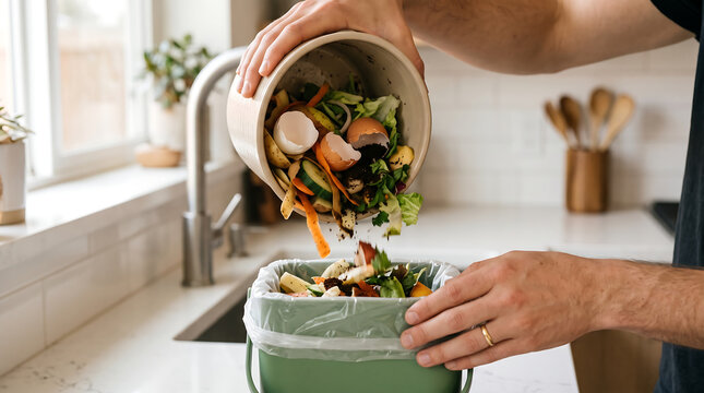 Unrecognizable person emptying bowl of raw vegetable scraps into kitchen compost container for recycling with eco friendly zero waste recycling environment vegetable