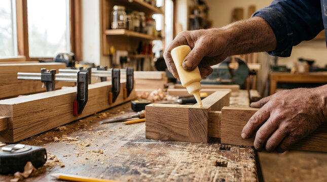 Craftsman squeezing PVA wood glue from a squeeze bottle into a mortise slot before assembling a mortise and tenon oak joint.