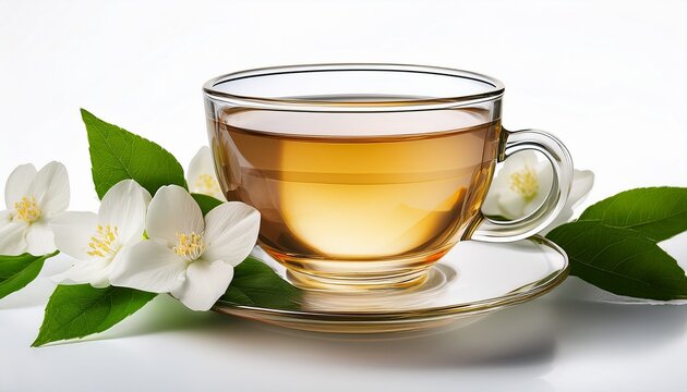 a clear glass cup filled with light colored tea accompanied by delicate white jasmine flowers and green leaves on a glass saucer against a white background