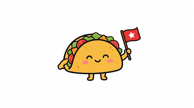 Happy cartoon taco character holding a small red star flag with bright colors and simple bold lines designed as a cheerful graphic icon on white background