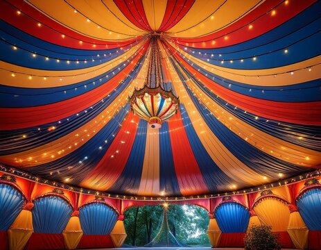 a colorful illuminated circus tent creates a vibrant and whimsical ambiance with strings of light bulbs hanging from above