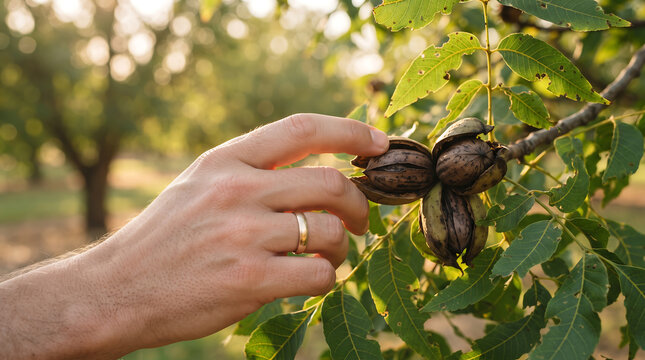 Hand wearing gold wedding band touching ripe pecan nut hanging from tree in sunny orchard setting during harvest season natural agricultural production close up detail.