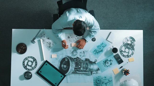 Top down view of skilled engineer writing and planning turbine engine design while sitting at meeting table with gear and electronic generator scatter around. Technician taking a note. Alimentation.