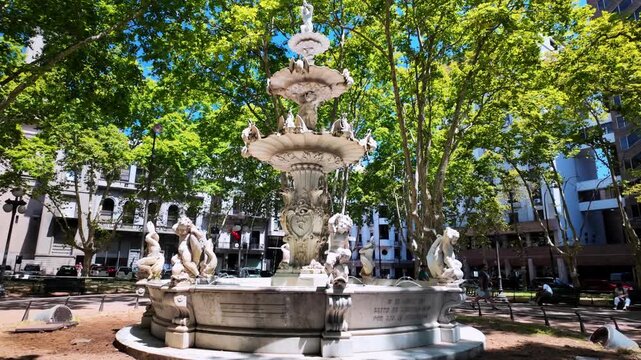 Stone fountain at Plaza de la Constitucion, Ciudad Vieja, Montevideo, Uruguay