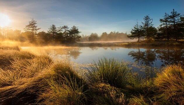 Misty Pond Bathed In Sunlight
