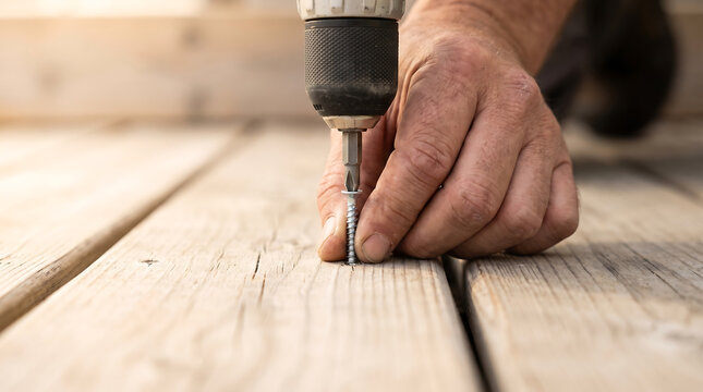 A construction worker using a cordless power drill to fasten a long metal screw into weathered wooden deck planks with construction carpentry maintenance carpenter