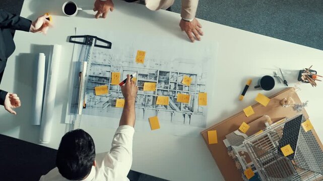 Top down view of architect engineer writing building structure idea on note and stick on blueprint. Aerial view of manager working on notes while consulting team about house structure. Alimentation.