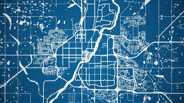 Ink reveal animation of Saskatoon city, Saskatchewan (SK), Canada grid map. Aerial top view. Blueprint style. White lines with blue background. 4K Seamless loop.