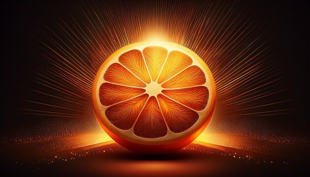 Glowing Fresh Orange Half Radiating Golden Light On Dark Background