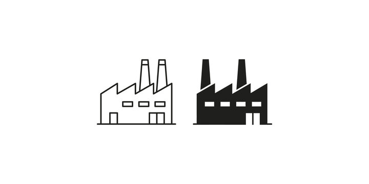 Industrial factory building icons in outline and solid black silhouette styles for manufacturing and production concepts.