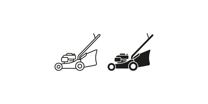 Lawn mower icons featuring outline and filled black graphic styles for landscaping and gardening.